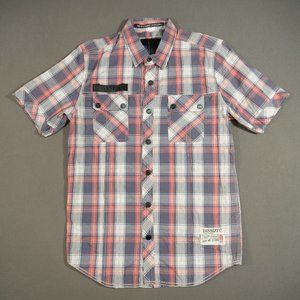 Dissizit! Shirt Mens Small Pink Purple Button Up Pearl Snap Short Sleeve